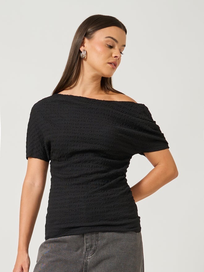 Styli Women Black Textured Asymmetric Neck Knit Top - Image 1